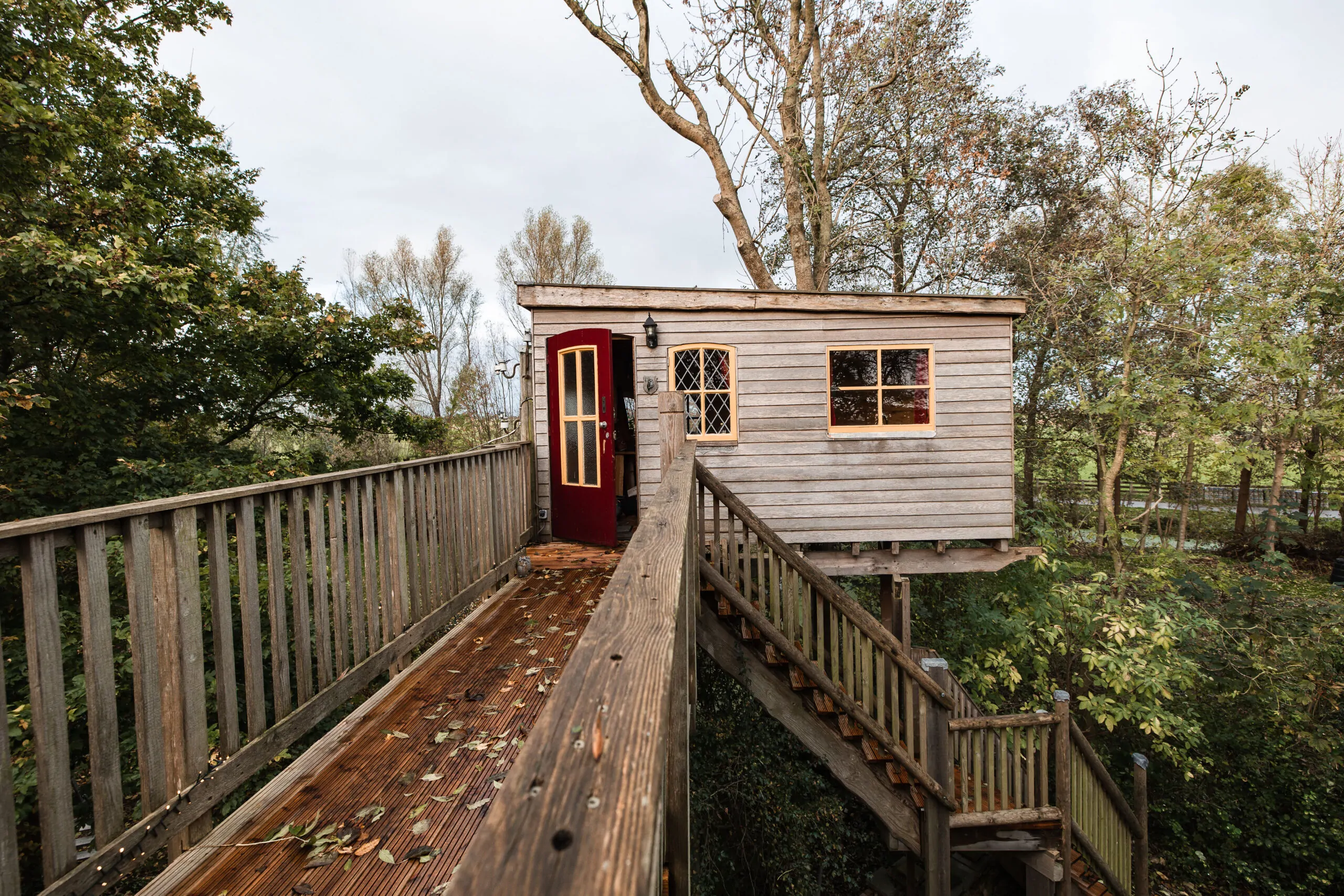 Boomhut met balkon in natuurlijke omgeving